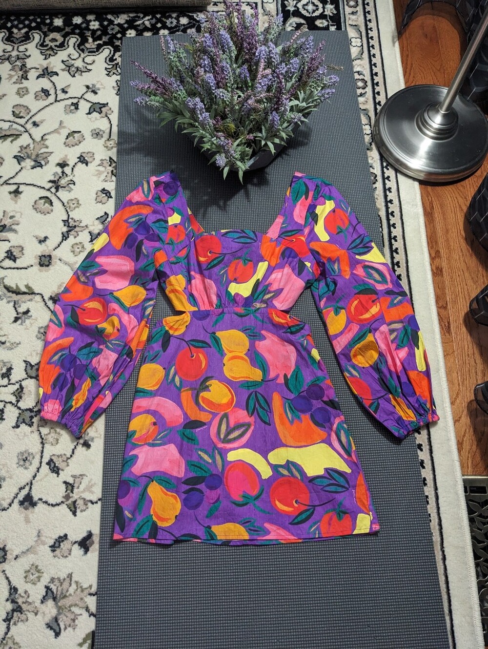 🆕 FARM Rio Purple Cutout Puff-Sleeve Mini Dress - Picture 3 of 11